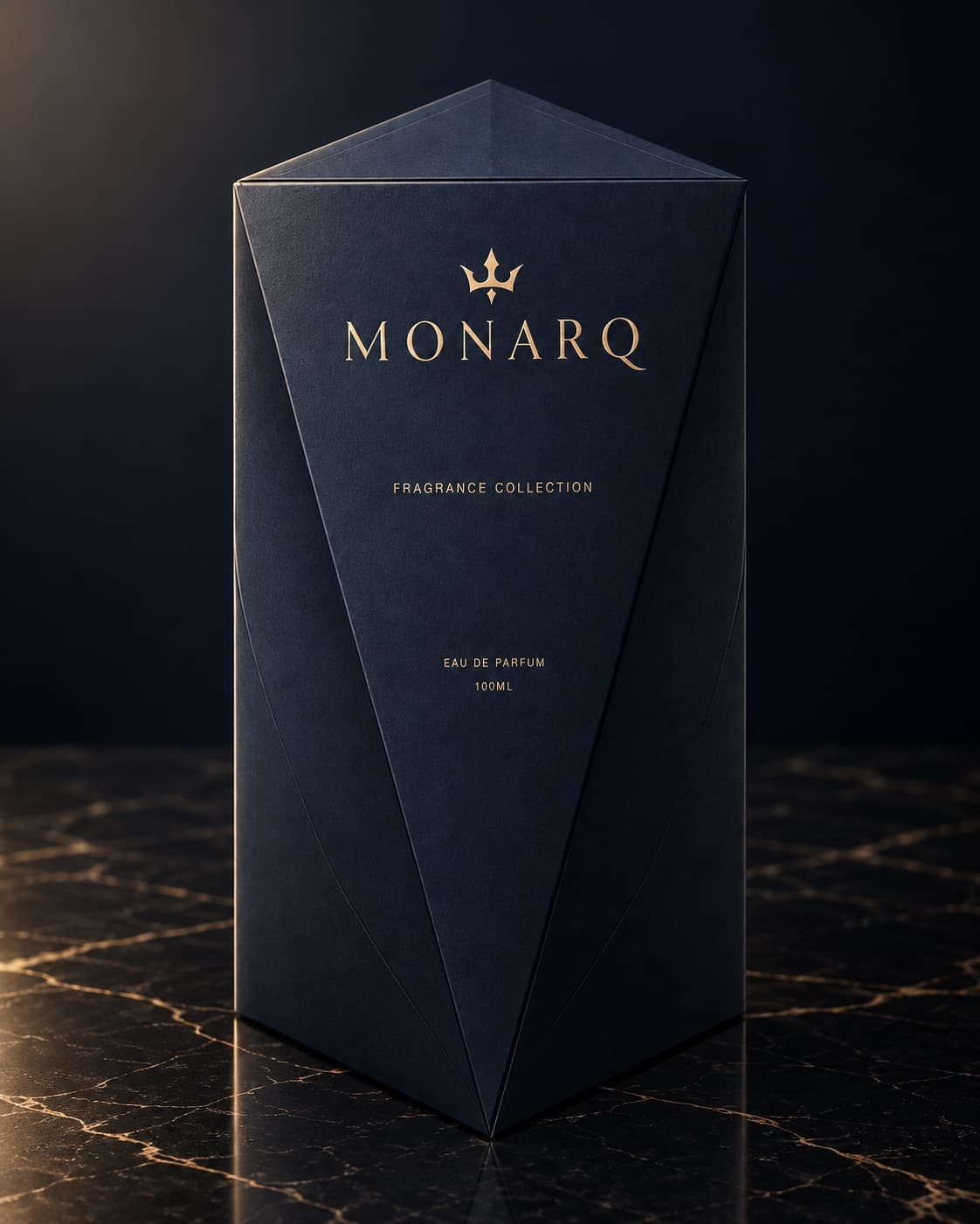 The MONARQ faceted midnight navy box on black marble