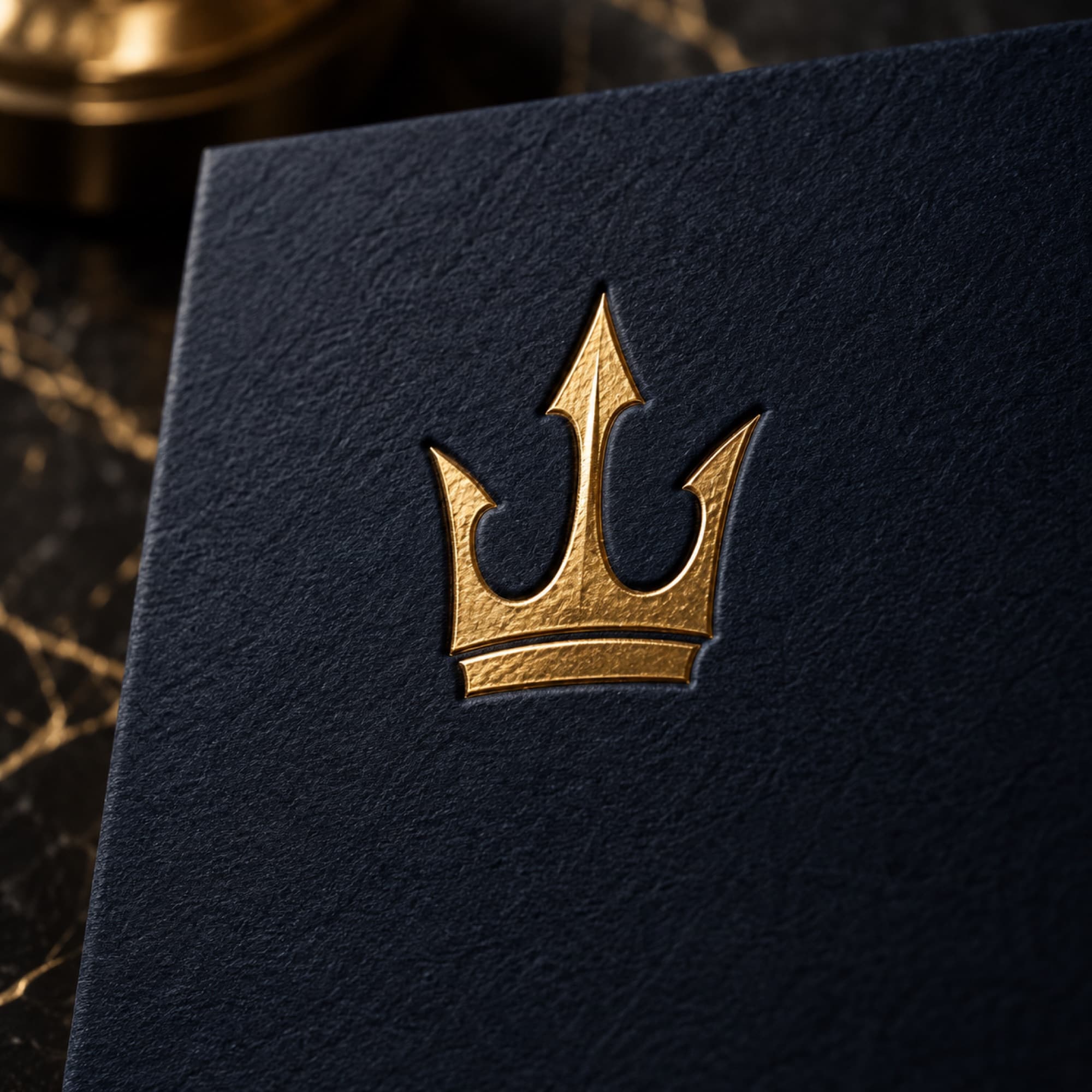 Gold foil trident crown pressed into navy paperboard