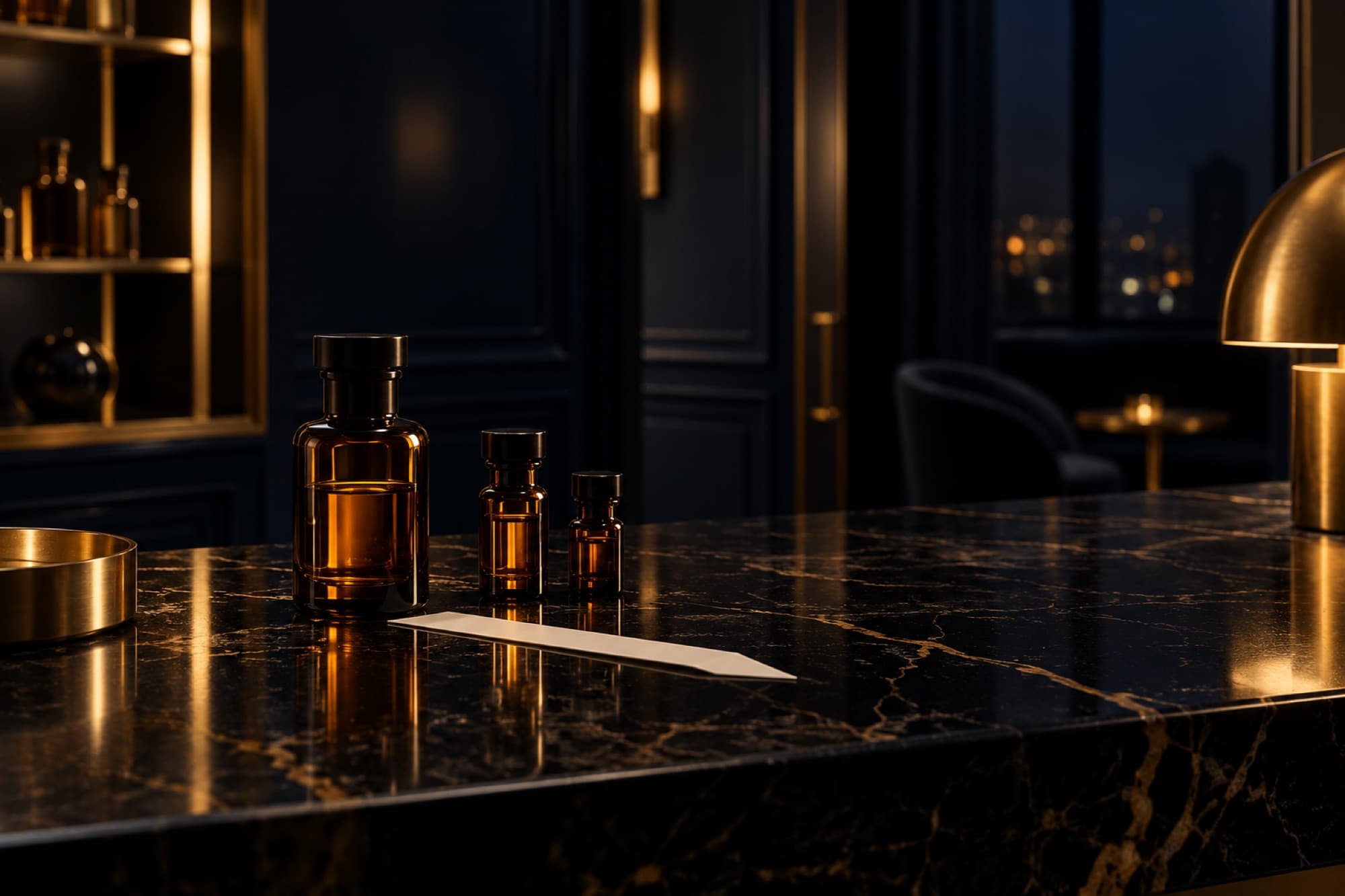 A private perfume salon at night with black marble, brass and amber vials