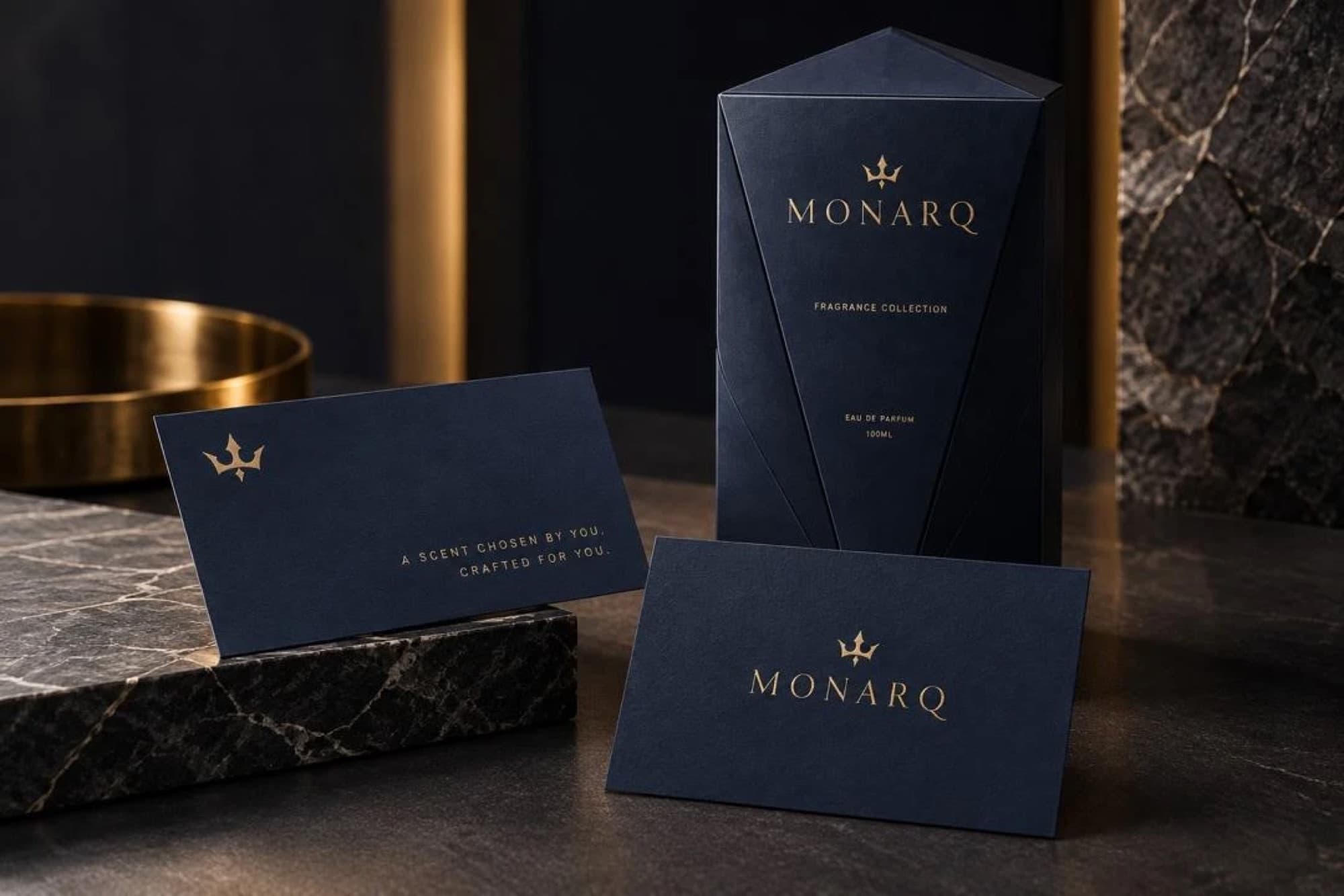 MONARQ box and cards on black marble beside a brass tray